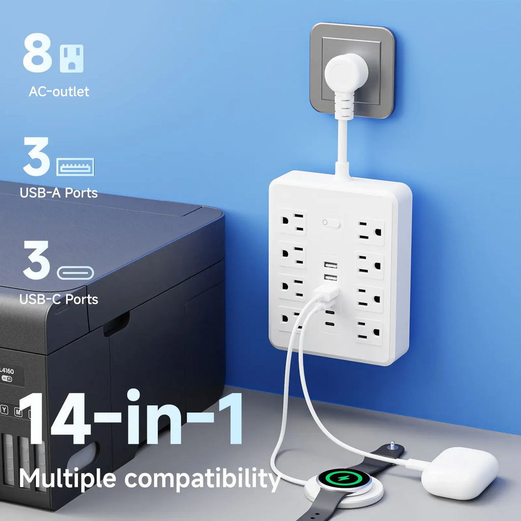 14-In-1 Multifunctional Power Strip with Switch & Surge Protection, Surge Protector Power Strips, Surge Protector Outlets with 8AC Outlets & 3 USB & 3 Type-C Ports Travel Charger Power Socket Extender Multiple Sockets