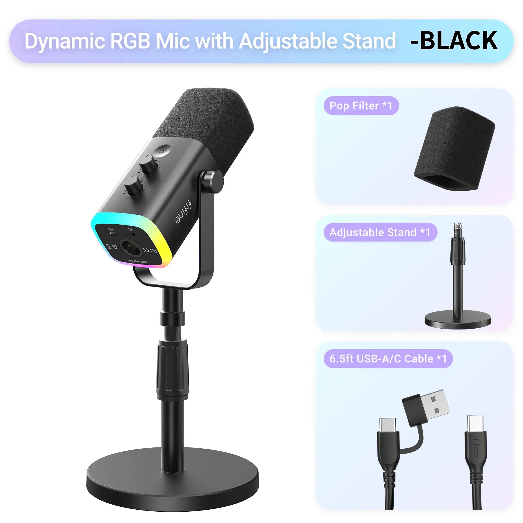 FIFINE AM8S Gaming Microphone with Adjustable Stand, Height Adjustable Heavy-Duty Metal Stand, RGB Dynamic Mic with Quick Mute, Gain Volume Control, Headphone Jack, XLR/USB for Podcast, Streaming, Recording, PC PS5 Gamer, Audio Interface Mixer, Smartphone