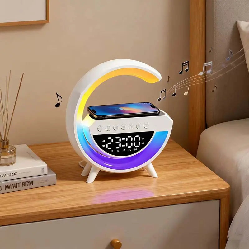 Wireless Speaker Charger Light LED Bedside Lamp 4-In-1 Alarm Clock Mood Light Speaker & Wireless Charger G-Shaped Atmosphere Lamp RGB Colour Changing Lamp for Bedroom Birthday Gifts with 5 Attributes