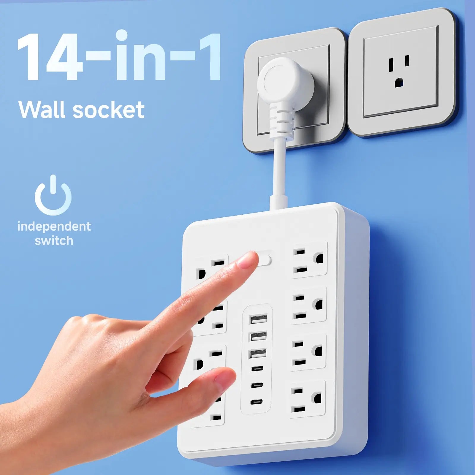 14-In-1 Multifunctional Power Strip with Switch & Surge Protection, Surge Protector Power Strips, Surge Protector Outlets with 8AC Outlets & 3 USB & 3 Type-C Ports Travel Charger Power Socket Extender Multiple Sockets
