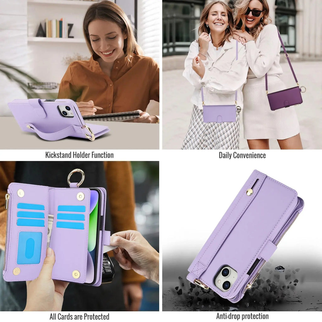 Crossbody Card Bag, Crossbody Phone Strap, Cell Phone Accessories, Multi Functional Wallet Flip Zipper with Hanging Rope Phone Case Suitable for Apple Iphone 17 Pro Max 17 Air 16 15 Pro Max 14 plus 13 Pro Multi Card Position Protective Cover for Women