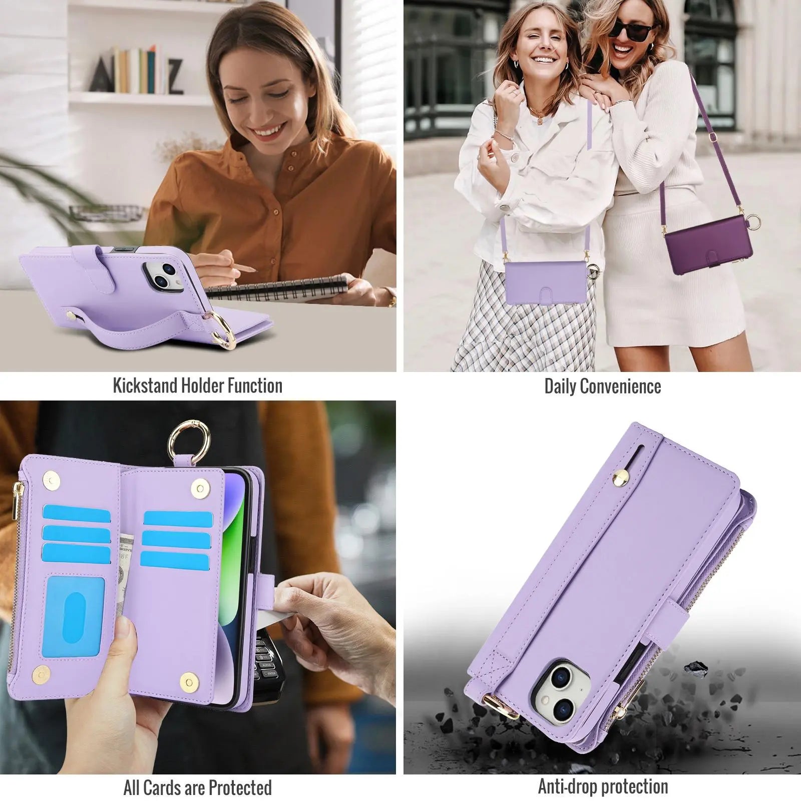 Crossbody Card Bag, Crossbody Phone Strap, Cell Phone Accessories, Multi Functional Wallet Flip Zipper with Hanging Rope Phone Case Suitable for Apple Iphone 17 Pro Max 17 Air 16 15 Pro Max 14 plus 13 Pro Multi Card Position Protective Cover for Women