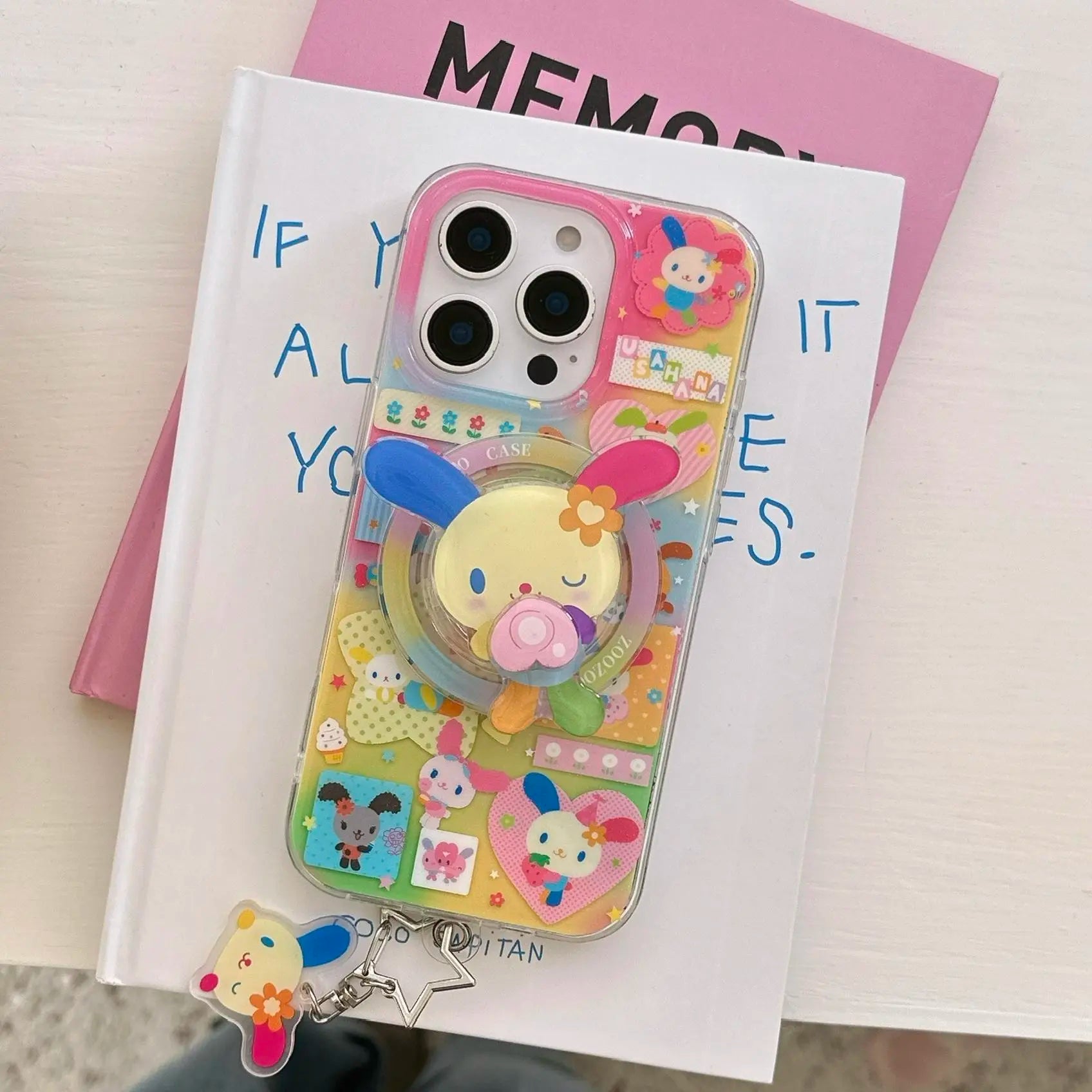 Magnetic Dual-Layer Heart Rainbow Rabbit Protective Smartphone Case Cover for Apple Iphone 17 Pro Max, Fashionable Women'S Simple Design, No Wooden Material