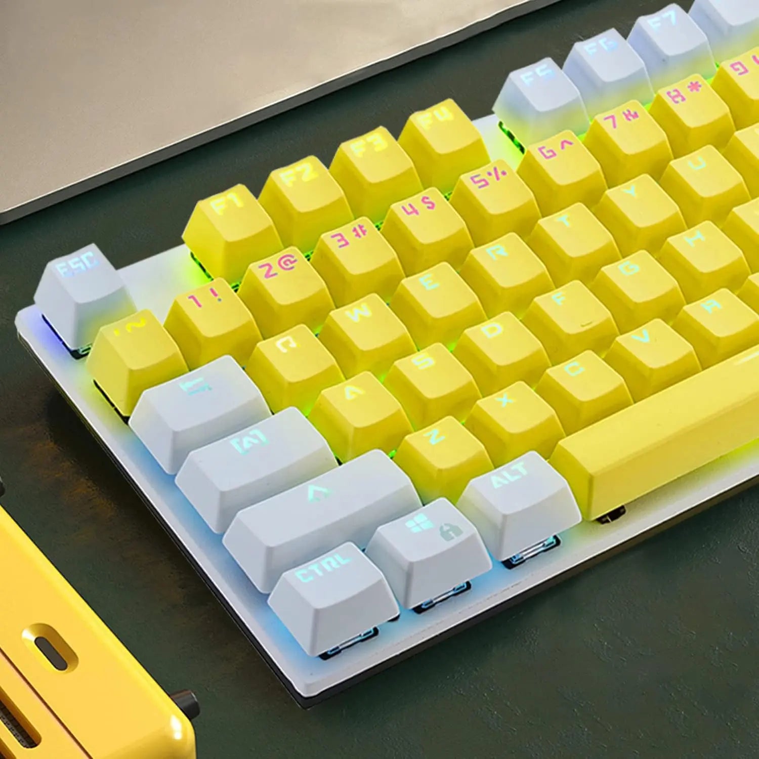 Basaltech K1-Series Wired 104-Key Full Sized Blue Switch Mechanical Keyboard with Backlit, Yellow Keys, and 12 Multimedia Keys for PC Gaming