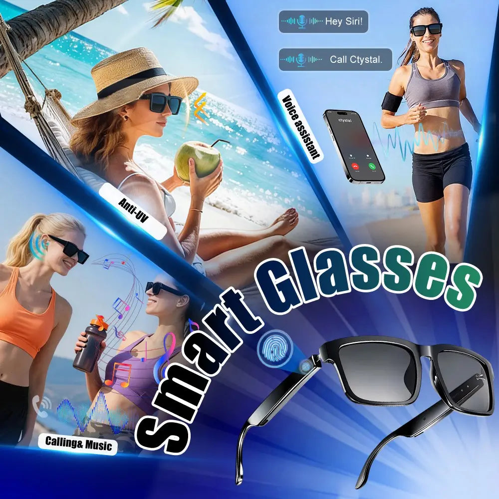 Smart Glasses, Wireless Bluetooth Sunglasses with Open-Ear Audio, Voice Assistant &Touch Control, Hands-Free Calling, UV Protection for Running Driving Work, Wearable Tech Gift for Men Women, Multifunctional Rectangular Smart Glasses