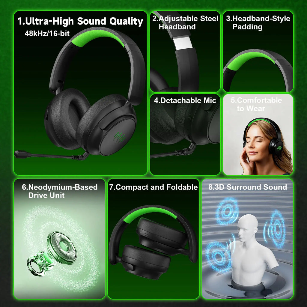 Upgraded Wireless Gaming Headset for Xbox with Game/Chat Audio Balance, Adjustable Vocals and Background Sounds, Mic Mute, Bluetooth, 3D Surround Sound,Foldable Bluetooth Headset Works with PS5, Mac, PC, Nintendo Switch - Long Battery Life