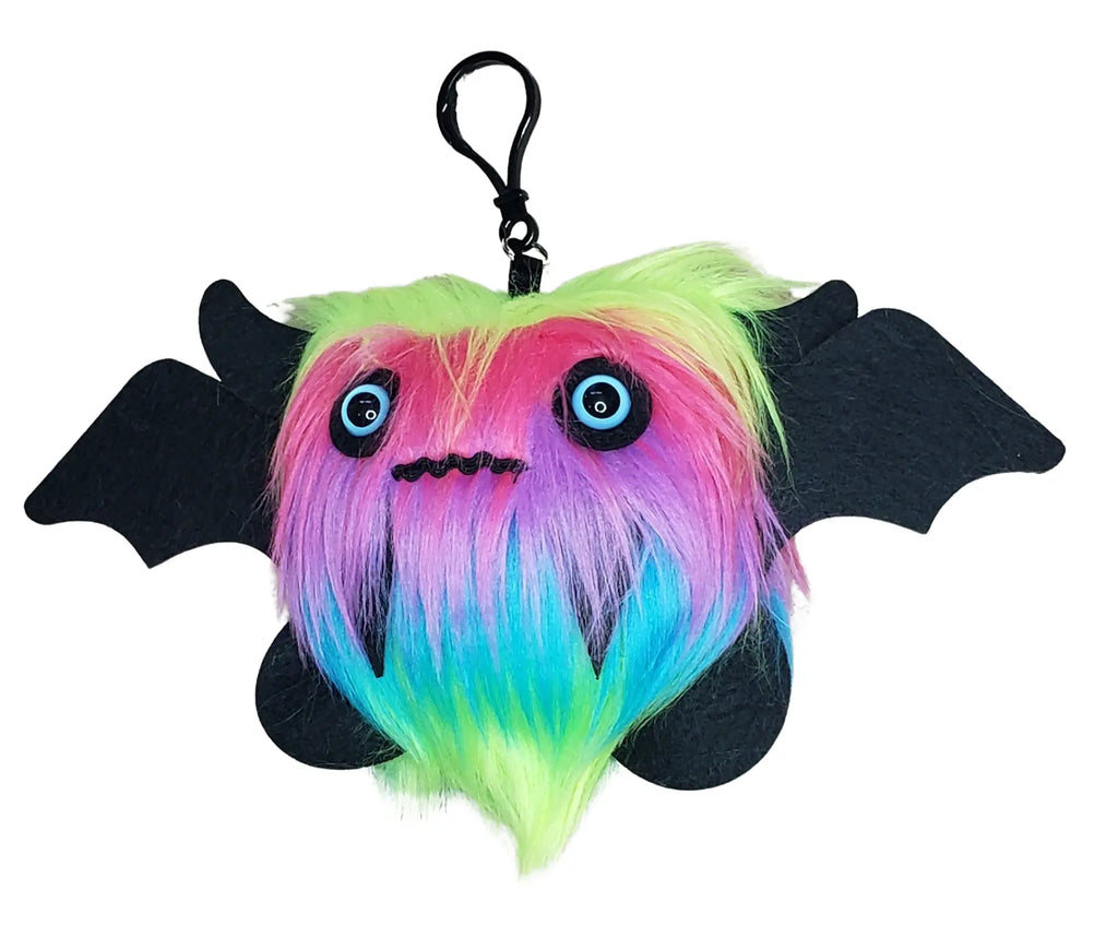 Dj Dazzle Neon Rainbow Floof Monster KEYCHAIN Plush Clip Soft Luxurious Faux Fur with Blue Acrylic Eyes & Black Felt Details