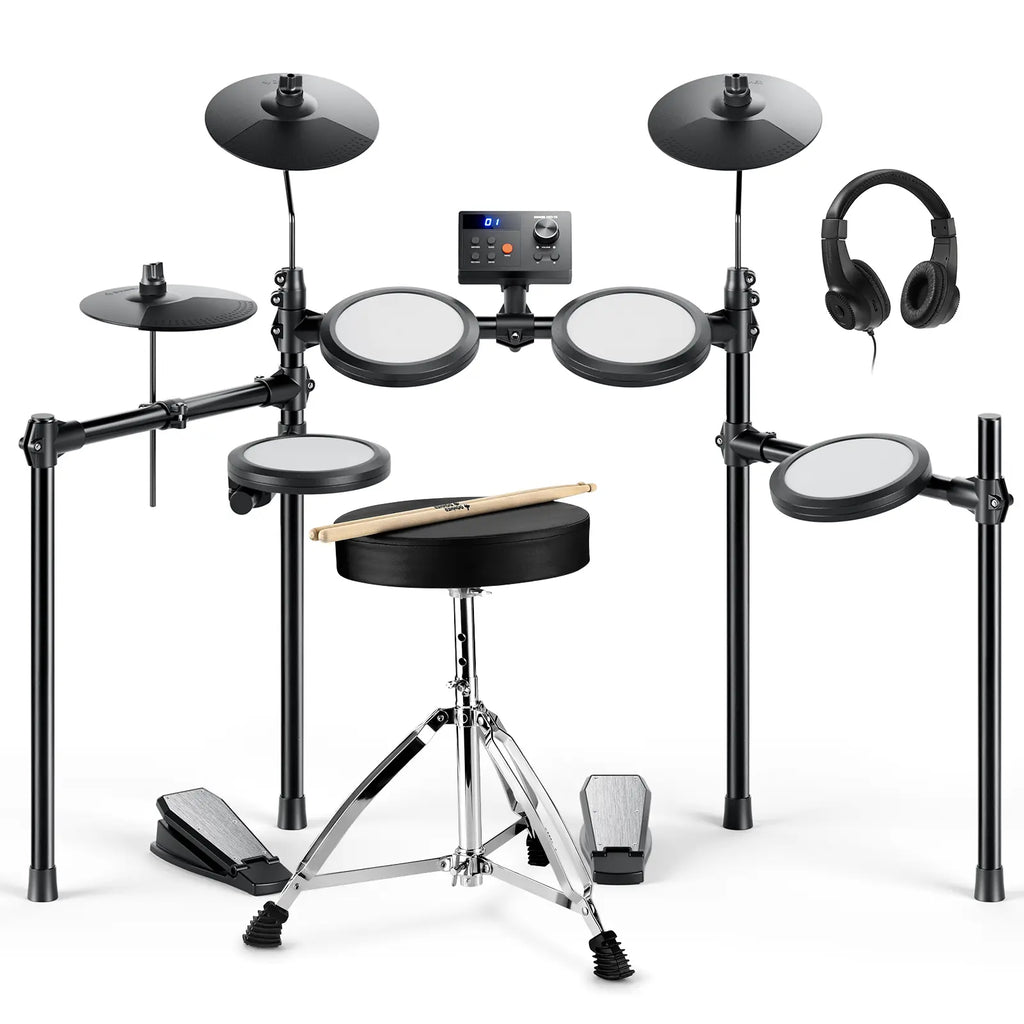 Donner DED-70 Electric Drum Set for Children Aged 6-14, Electric Drums with 4 Quiet Mesh Drum Pads, 2 Switch Pedal, Portable and Solid Drum Set with Type-C Charging, 68+ Sounds, Throne, Headphones, Sticks, Melodics Lessons