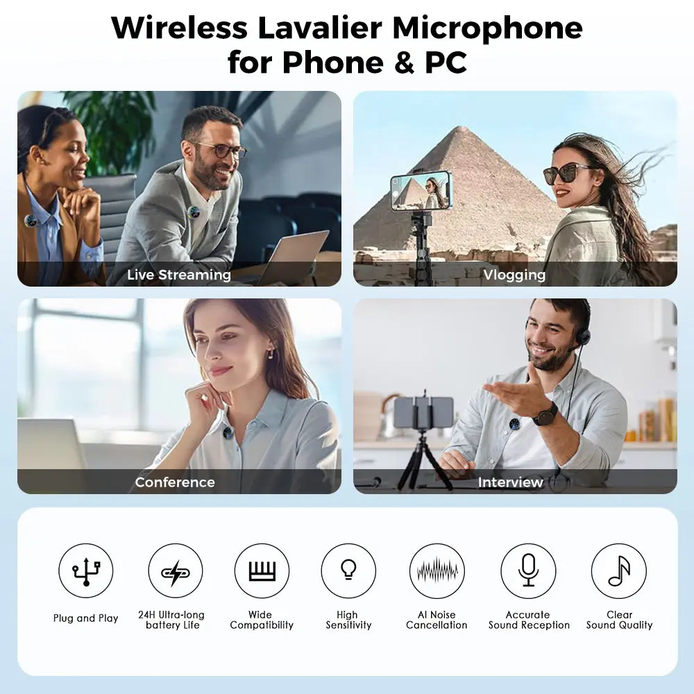 Wireless Lavalier Microphone for Iphone/Android/Camera/Pc/Laptop,30H Battery Life, 1000Ft Range, Noise Cancellation, Button Size Lapel Microphone for Iphone/Ipad/Video Recording/Streaming/Youtube