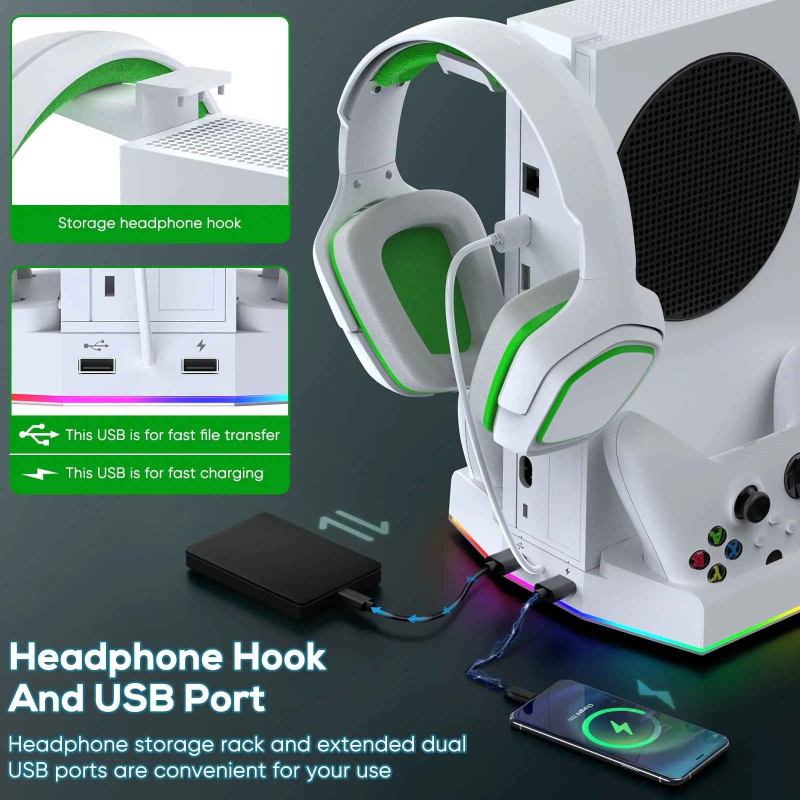 Cooling Fan Stand for Xbox Series S Console - Charging Station for Controller with RGB Light, MENEEA Cooler System&Fast Charger Accessories with 2* 1400Mah Rechargeable Batteries, Headphone Hook White Smartphone Box Controller Xbox Controller