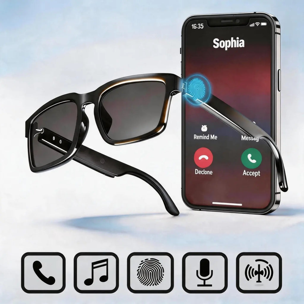Smart Glasses, Wireless Bluetooth Sunglasses with Open-Ear Audio, Voice Assistant &Touch Control, Hands-Free Calling, UV Protection for Running Driving Work, Wearable Tech Gift for Men Women, Multifunctional Rectangular Smart Glasses