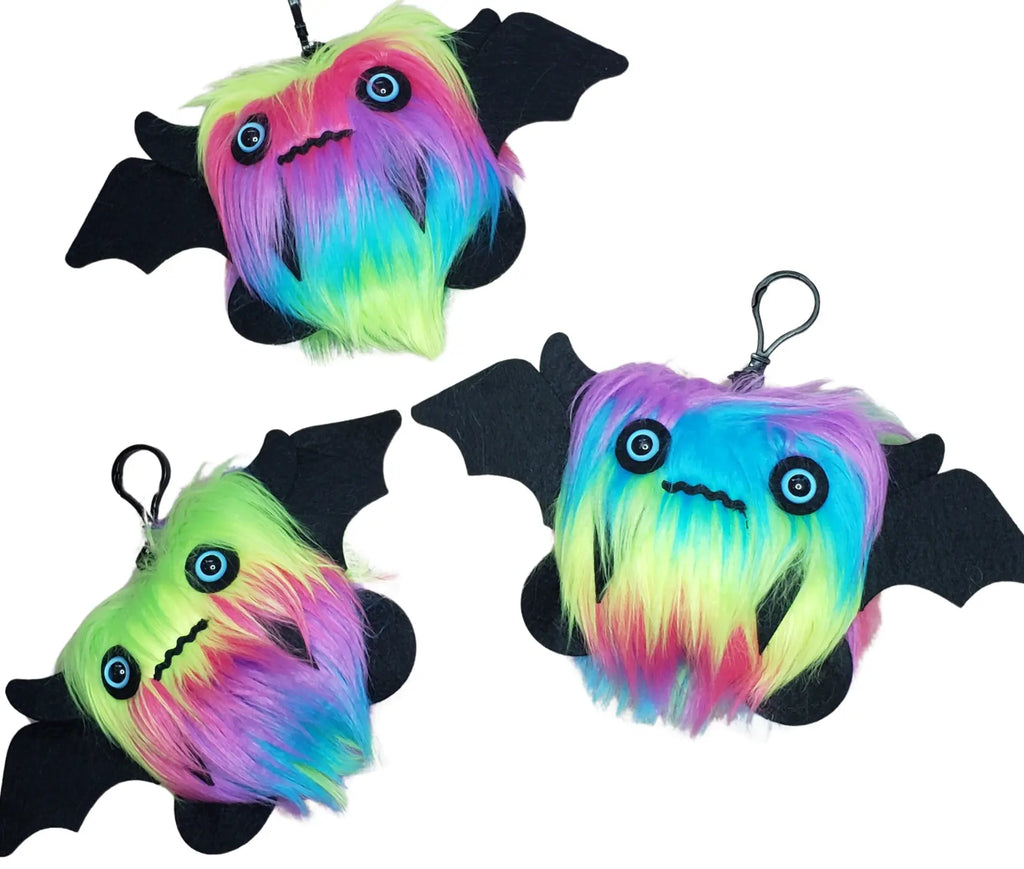 Dj Dazzle Neon Rainbow Floof Monster KEYCHAIN Plush Clip Soft Luxurious Faux Fur with Blue Acrylic Eyes & Black Felt Details