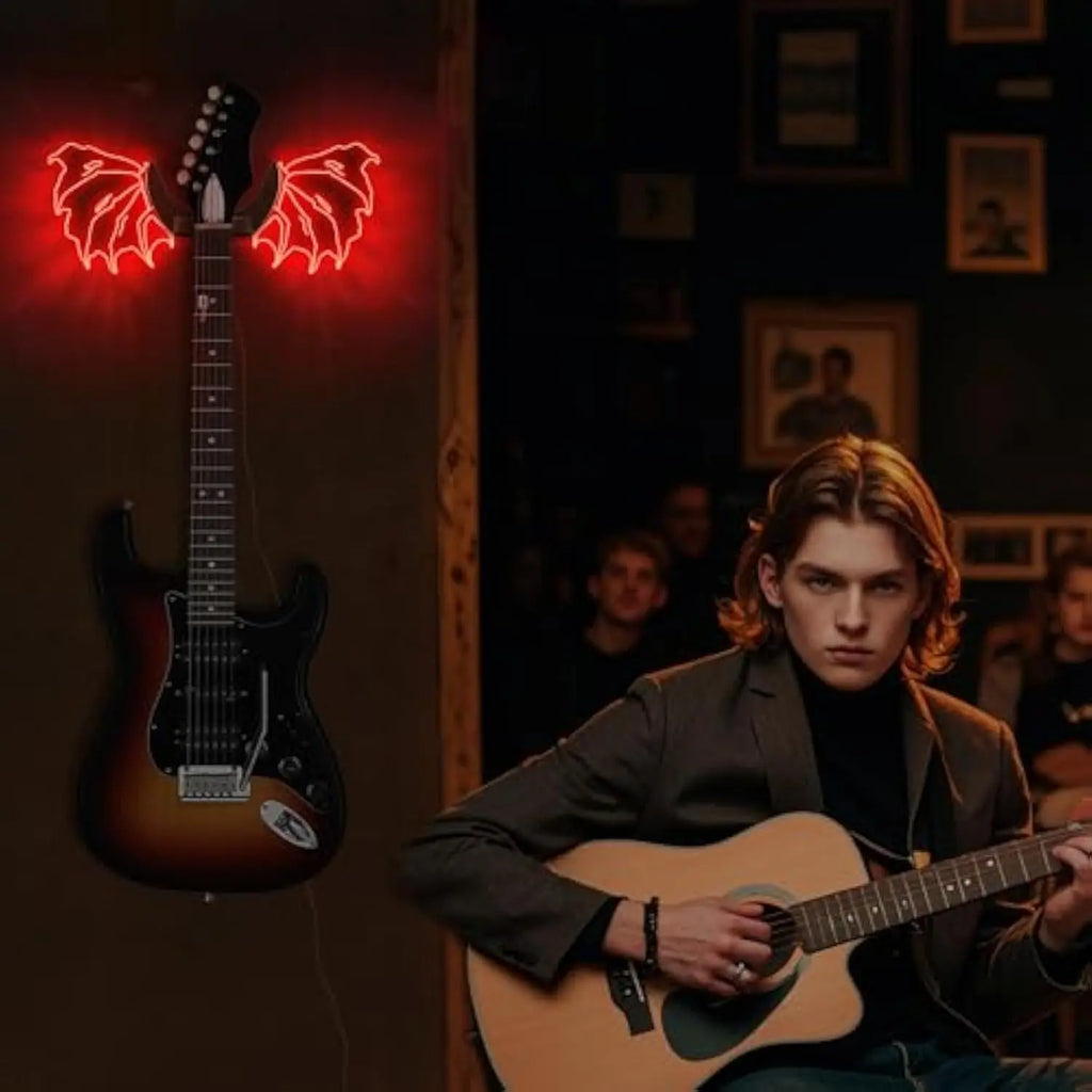 Luminous Angel Wings Guitar Hanger,Led Guitar Wall Mount Stand, Wooden Acrylic Guitar Holder Shelf, Wall Mount for Acoustic Electric Bass Ukulele, Room Decor, Gift for Music Lovers, Birthday Christmas Gift Lighting