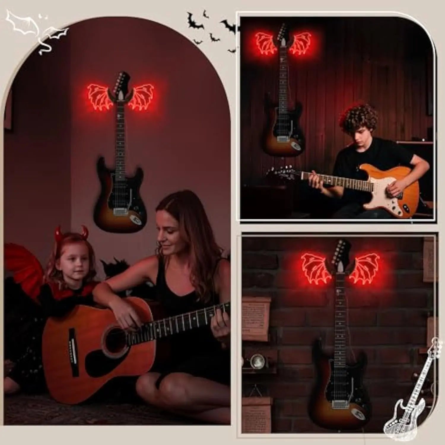Luminous Angel Wings Guitar Hanger,Led Guitar Wall Mount Stand, Wooden Acrylic Guitar Holder Shelf, Wall Mount for Acoustic Electric Bass Ukulele, Room Decor, Gift for Music Lovers, Birthday Christmas Gift Lighting