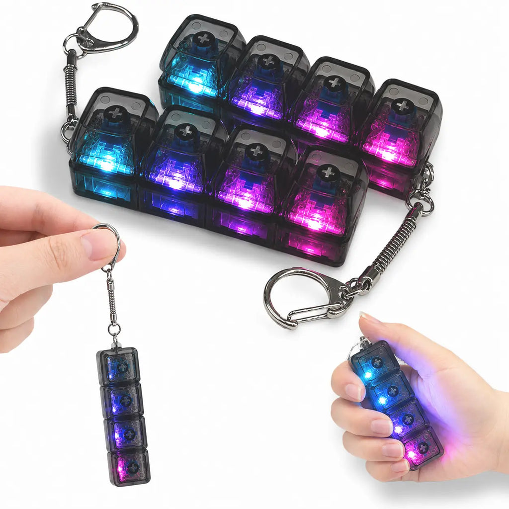 Mechanical Keyboard Keychain Fidget Toy - Purple, 4-Key, LED Lights, Transparent Design, Portable Stress Relief Tool for Focus, Anxiety Calm
