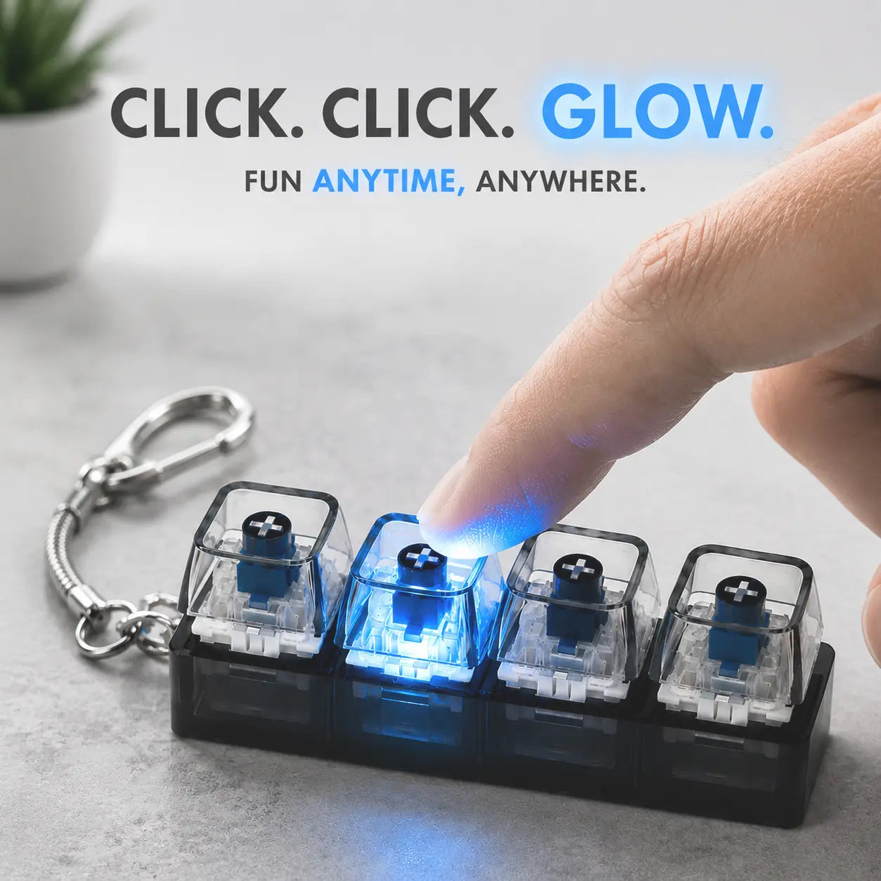 Mechanical Keyboard Keychain Fidget Toy - Purple, 4-Key, LED Lights, Transparent Design, Portable Stress Relief Tool for Focus, Anxiety Calm