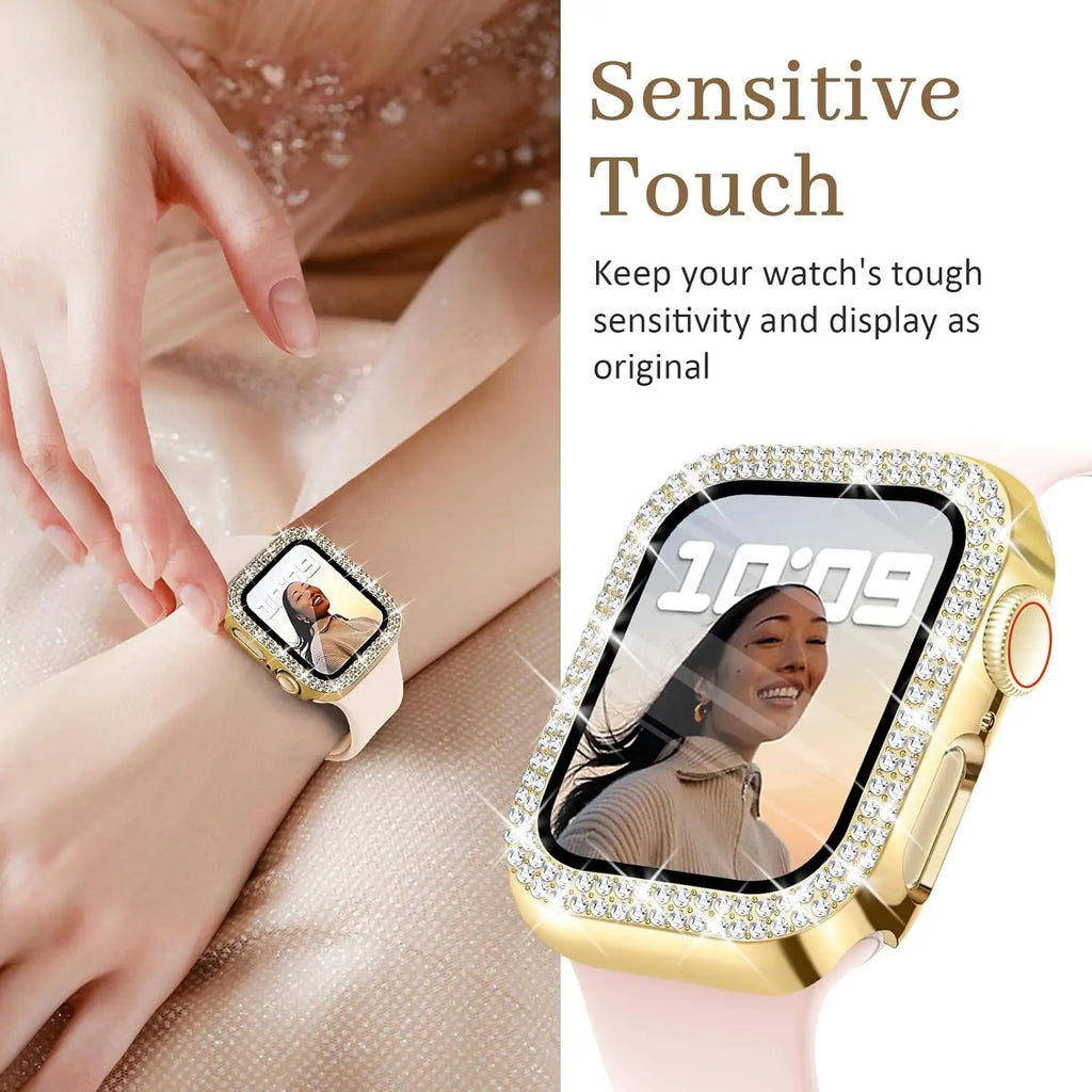 Bling Case with HD Screen Protector Women Compatible with Apple Watch 40Mm Diamond Protective Face Cover PC Frame Protector for Iwatch Series 4/5/6/SE Gold