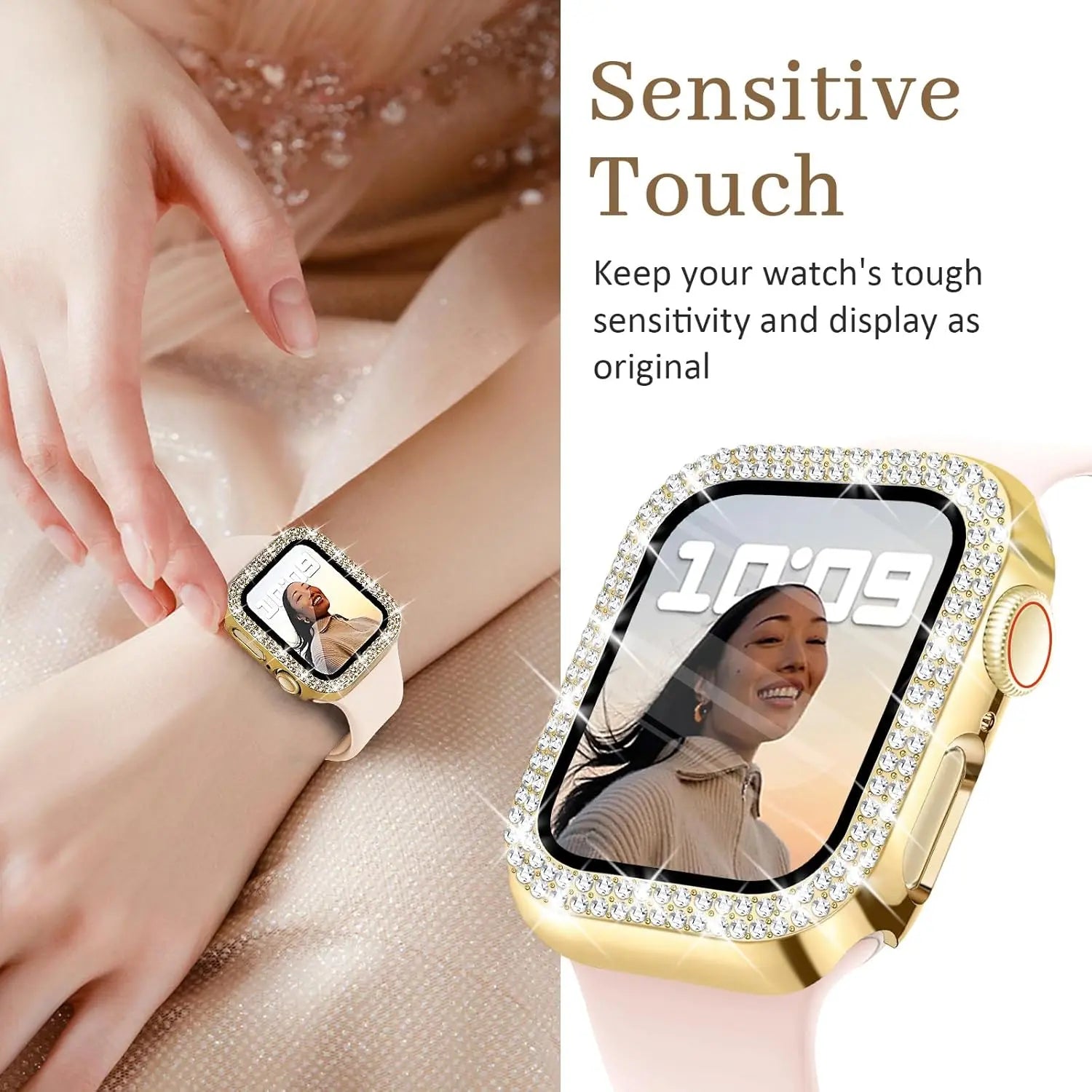 Bling Case with HD Screen Protector Women Compatible with Apple Watch 40Mm Diamond Protective Face Cover PC Frame Protector for Iwatch Series 4/5/6/SE Gold