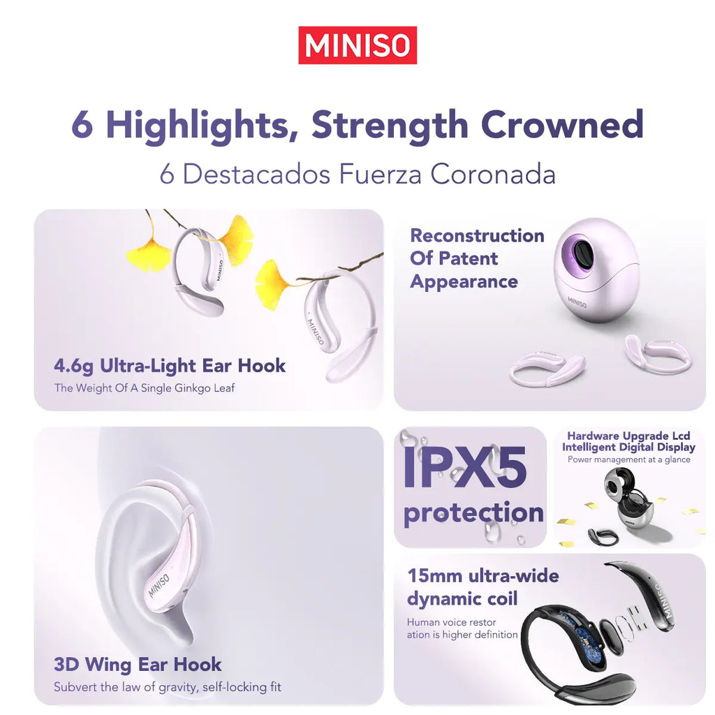 MINISO MS206 Wireless Translator BT V6.0 Earphones with APP Support 134 Languages, Earbuds with Microphone, Earhook, Sweatproof, Fast Charging, 48 Hours Playing Time, Compatible with IOS and Android, Black, Purple