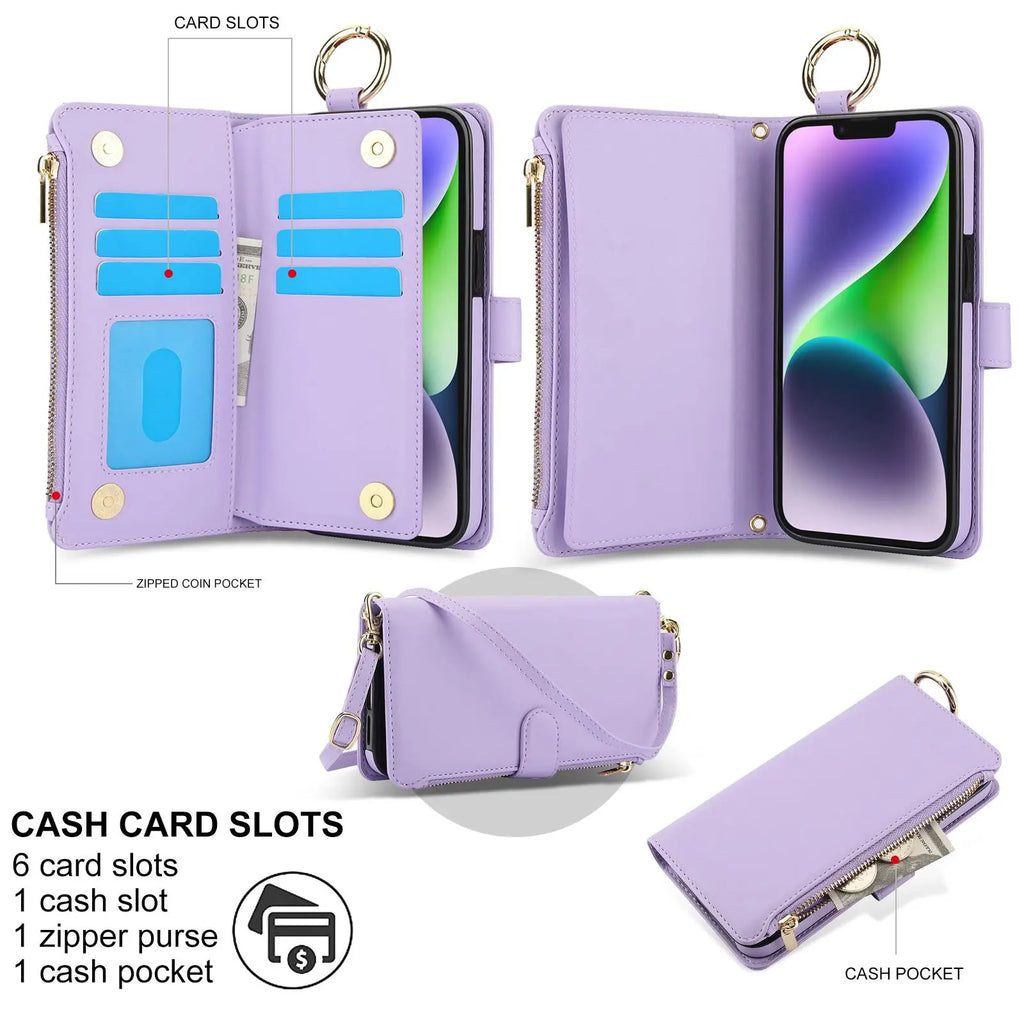 Crossbody Card Bag, Crossbody Phone Strap, Cell Phone Accessories, Multi Functional Wallet Flip Zipper with Hanging Rope Phone Case Suitable for Apple Iphone 17 Pro Max 17 Air 16 15 Pro Max 14 plus 13 Pro Multi Card Position Protective Cover for Women