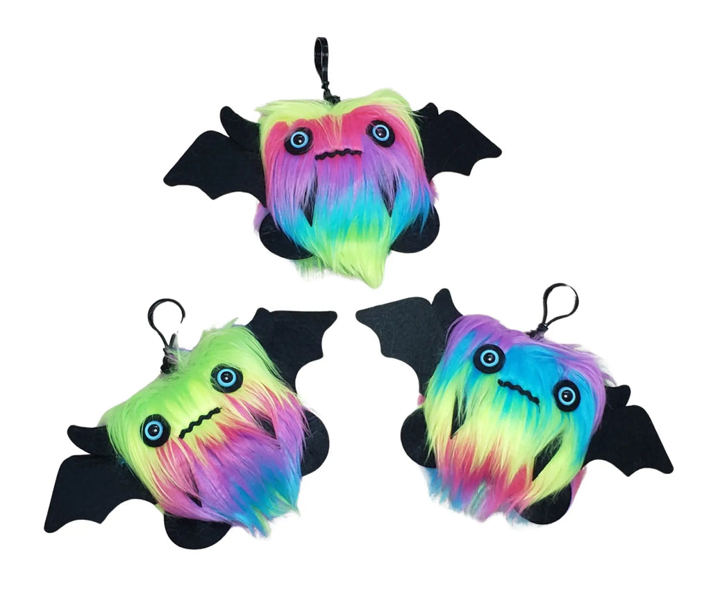 Dj Dazzle Neon Rainbow Floof Monster KEYCHAIN Plush Clip Soft Luxurious Faux Fur with Blue Acrylic Eyes & Black Felt Details