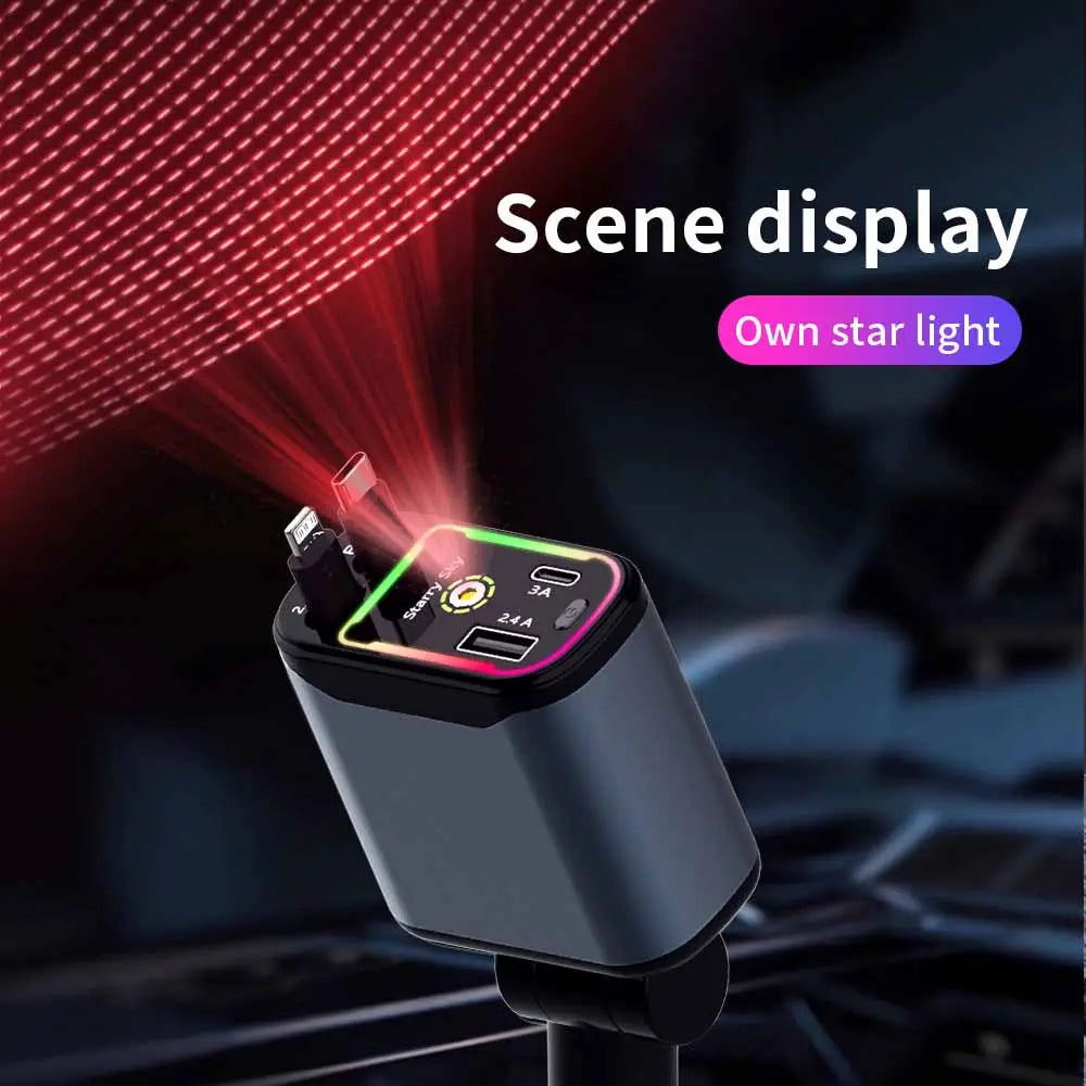 4-In-1 Car Charger, Retractable Automotive Charger, 66W Retractable Car Charger with Star Projector Night Light and LED Decorative Ceiling Light, USB Car Adapter Compatible with Iphone and Samsung, Smart Car Charger GLOBAL PICKS #GLOBAL PICKS