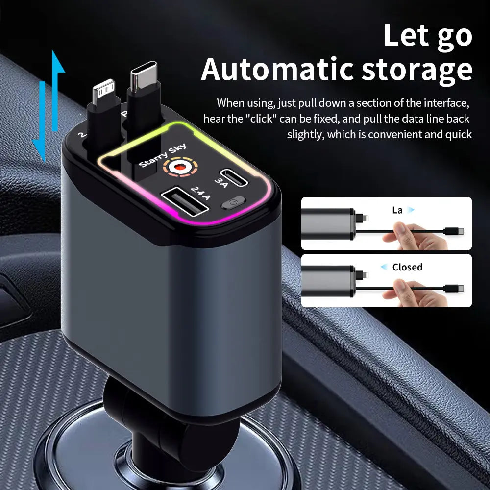 4-In-1 Car Charger, Retractable Automotive Charger, 66W Retractable Car Charger with Star Projector Night Light and LED Decorative Ceiling Light, USB Car Adapter Compatible with Iphone and Samsung, Smart Car Charger GLOBAL PICKS #GLOBAL PICKS