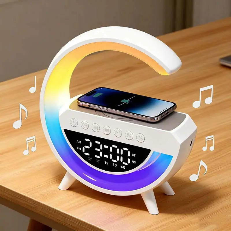 Wireless Speaker Charger Light LED Bedside Lamp 4-In-1 Alarm Clock Mood Light Speaker & Wireless Charger G-Shaped Atmosphere Lamp RGB Colour Changing Lamp for Bedroom Birthday Gifts with 5 Attributes