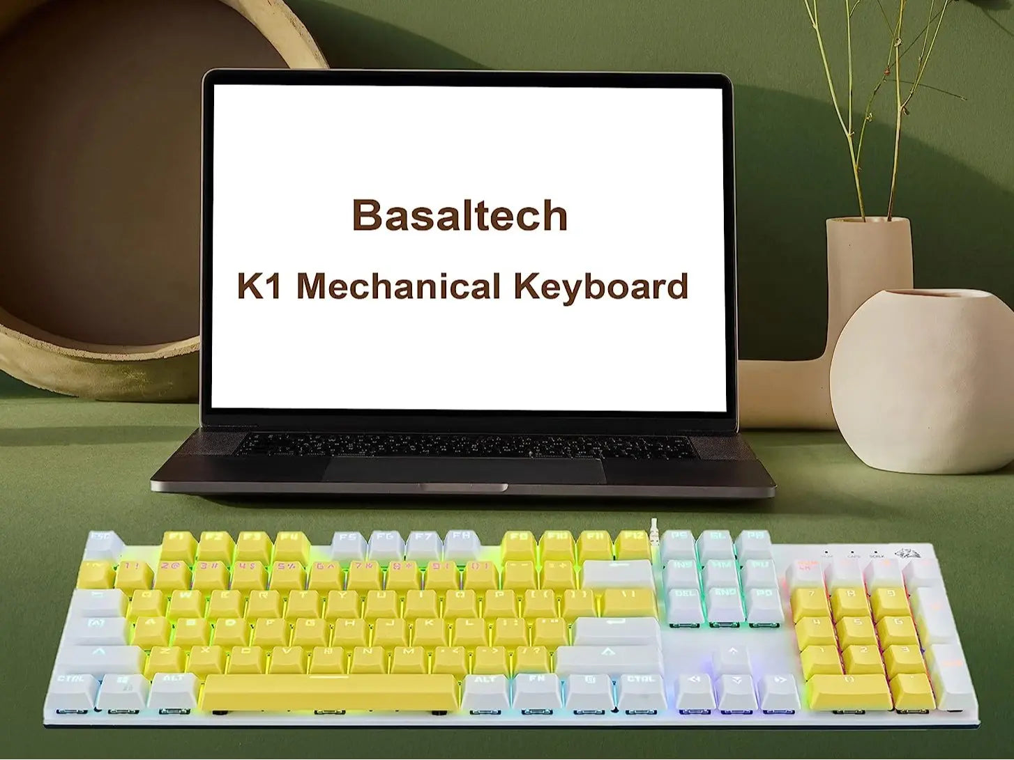 Basaltech K1-Series Wired 104-Key Full Sized Blue Switch Mechanical Keyboard with Backlit, Yellow Keys, and 12 Multimedia Keys for PC Gaming