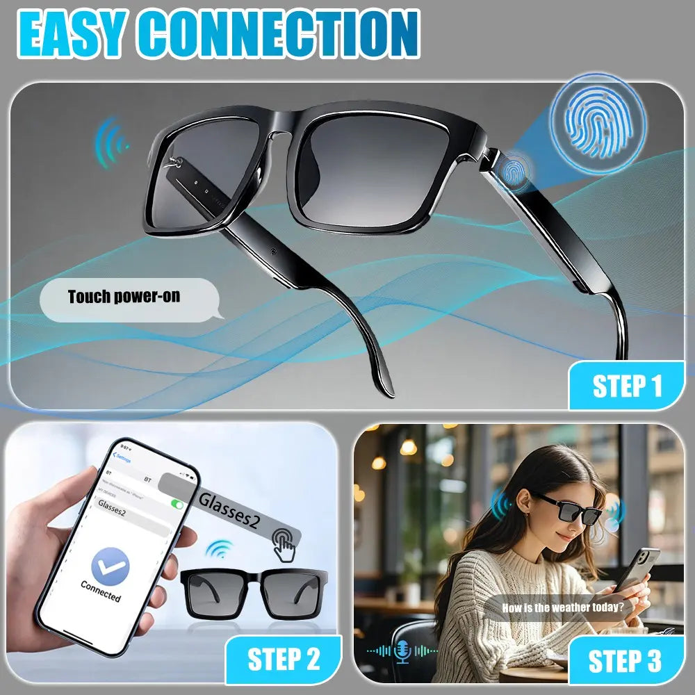Smart Glasses, Wireless Bluetooth Sunglasses with Open-Ear Audio, Voice Assistant &Touch Control, Hands-Free Calling, UV Protection for Running Driving Work, Wearable Tech Gift for Men Women, Multifunctional Rectangular Smart Glasses