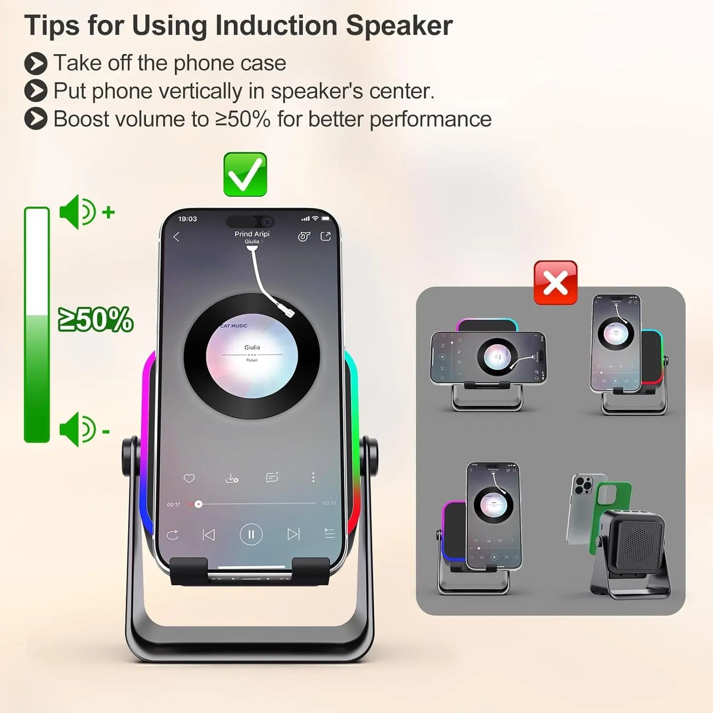 Wireless Bluetooth Induction Speaker, Phone Speaker Amplifier with Colorful Lights Battery, Portable Phone Stand Compatible with Iphone/Ipad/Android/Samsung - Black Party LED