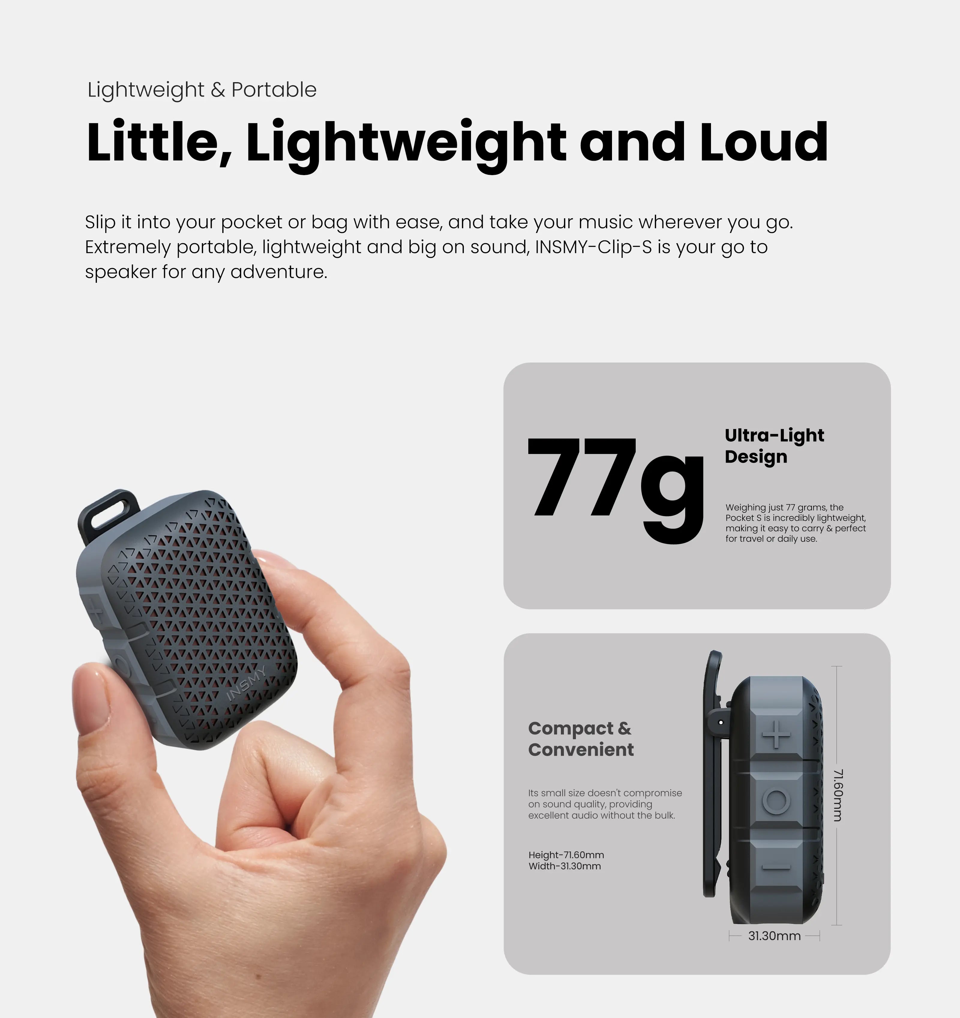 INSMY Wearable Bluetooth Speakers,Ip67 Waterproof,Clip-On Portable Small Personal Speaker/Clean Sound/Stereo Pair/Wireless 5.4/ENC Built-In Mic/Lightweight for Outdoor Golf Work Pool