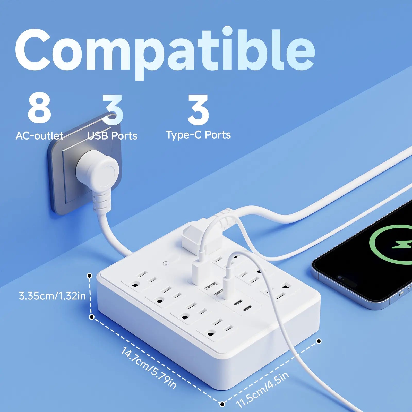 14-In-1 Multifunctional Power Strip with Switch & Surge Protection, Surge Protector Power Strips, Surge Protector Outlets with 8AC Outlets & 3 USB & 3 Type-C Ports Travel Charger Power Socket Extender Multiple Sockets