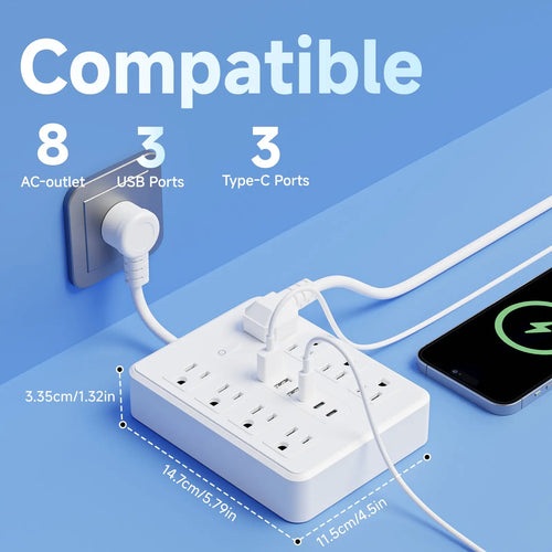 14-In-1 Multifunctional Power Strip with Switch & Surge Protection, Surge Protector Power Strips, Surge Protector Outlets with 8AC Outlets & 3 USB & 3 Type-C Ports Travel Charger Power Socket Extender Multiple Sockets